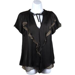Zara Basic Blouse Ruffle Tie V-Neck Layered Silk Blend Top Women's S Black Brown